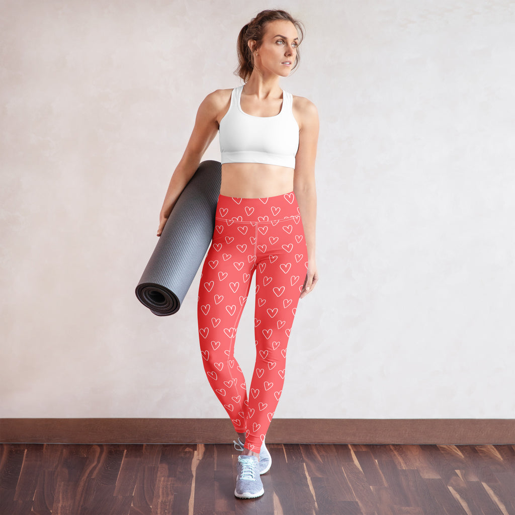 Women’s red outline heart buttery soft yoga leggings featuring white hearts and quick drying high waisted comfort