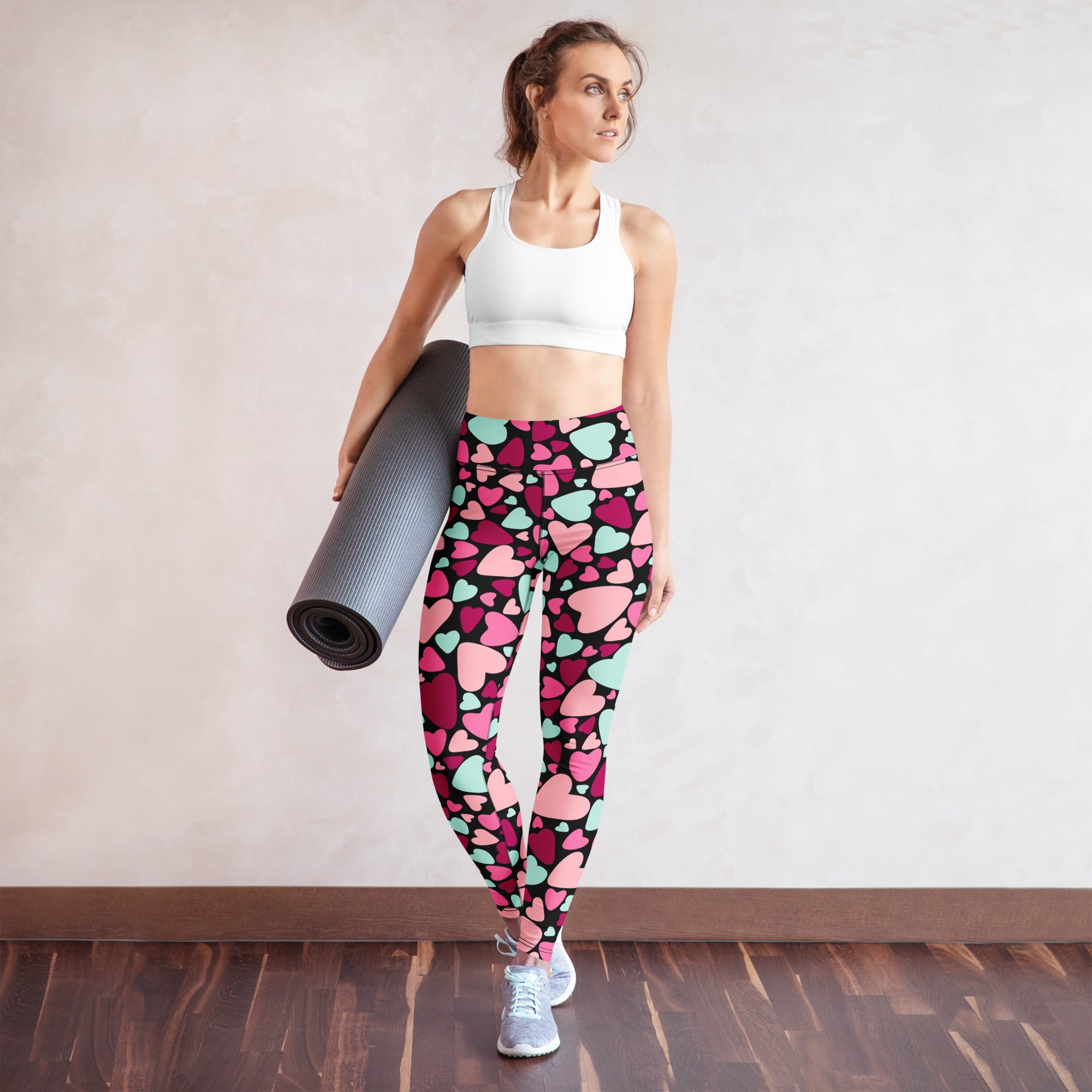 Women’s colorful hearts buttery soft yoga leggings with quick drying high waisted comfort in pink magenta and mint green
