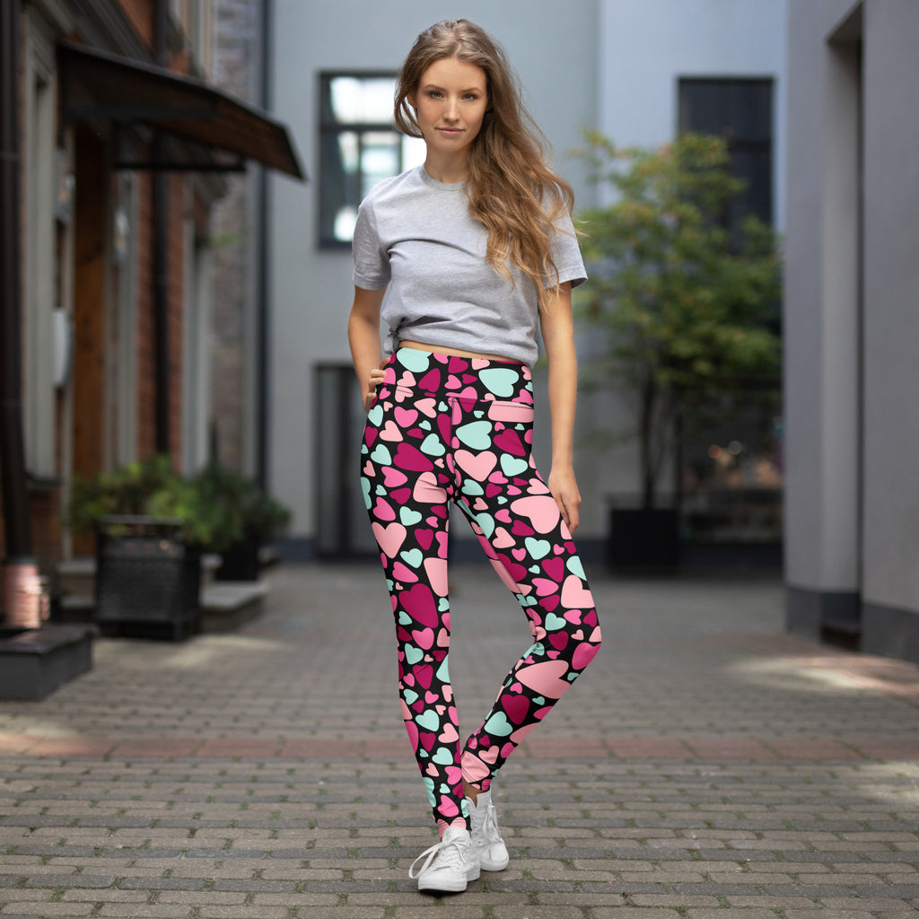 Women’s colorful hearts buttery soft high waisted yoga leggings in pink magenta and mint green on black base