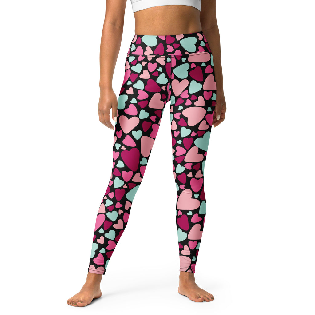 Women’s high waisted black leggings with pink and mint green heart pattern buttery soft and quick drying