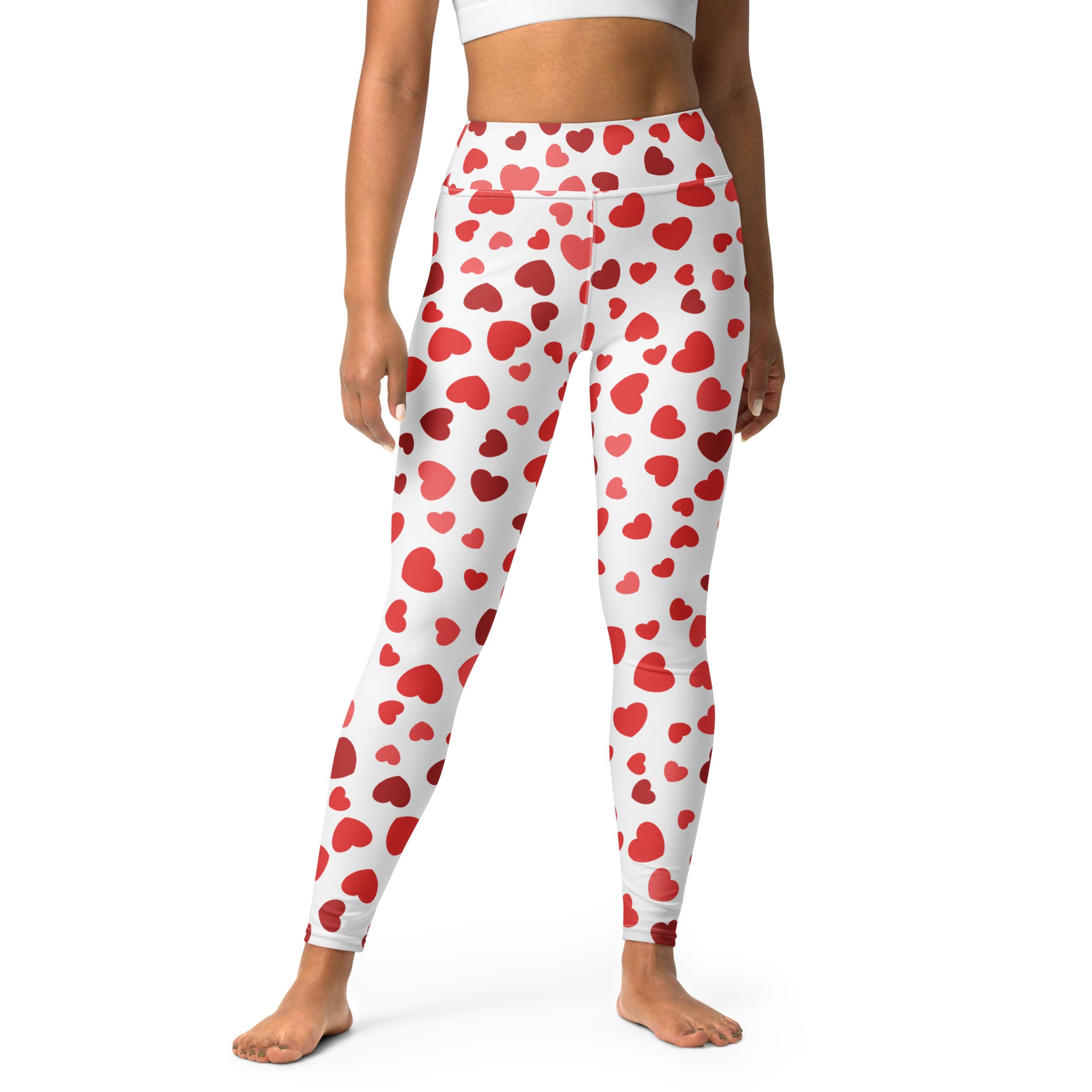 Women’s white buttery soft yoga leggings with red hearts pattern quick drying high waisted comfort