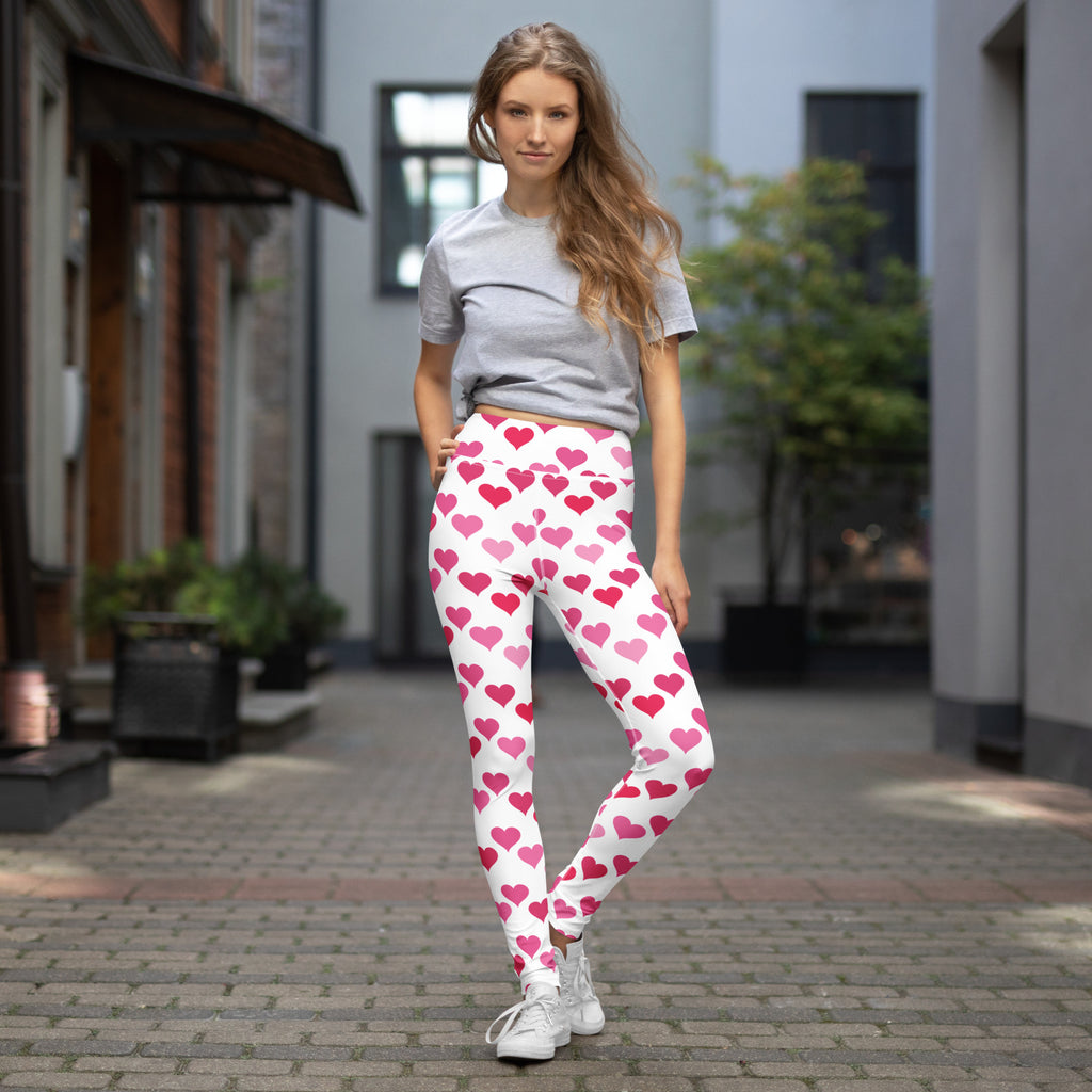 White buttery soft high waisted yoga leggings with pink heart pattern quick drying for women