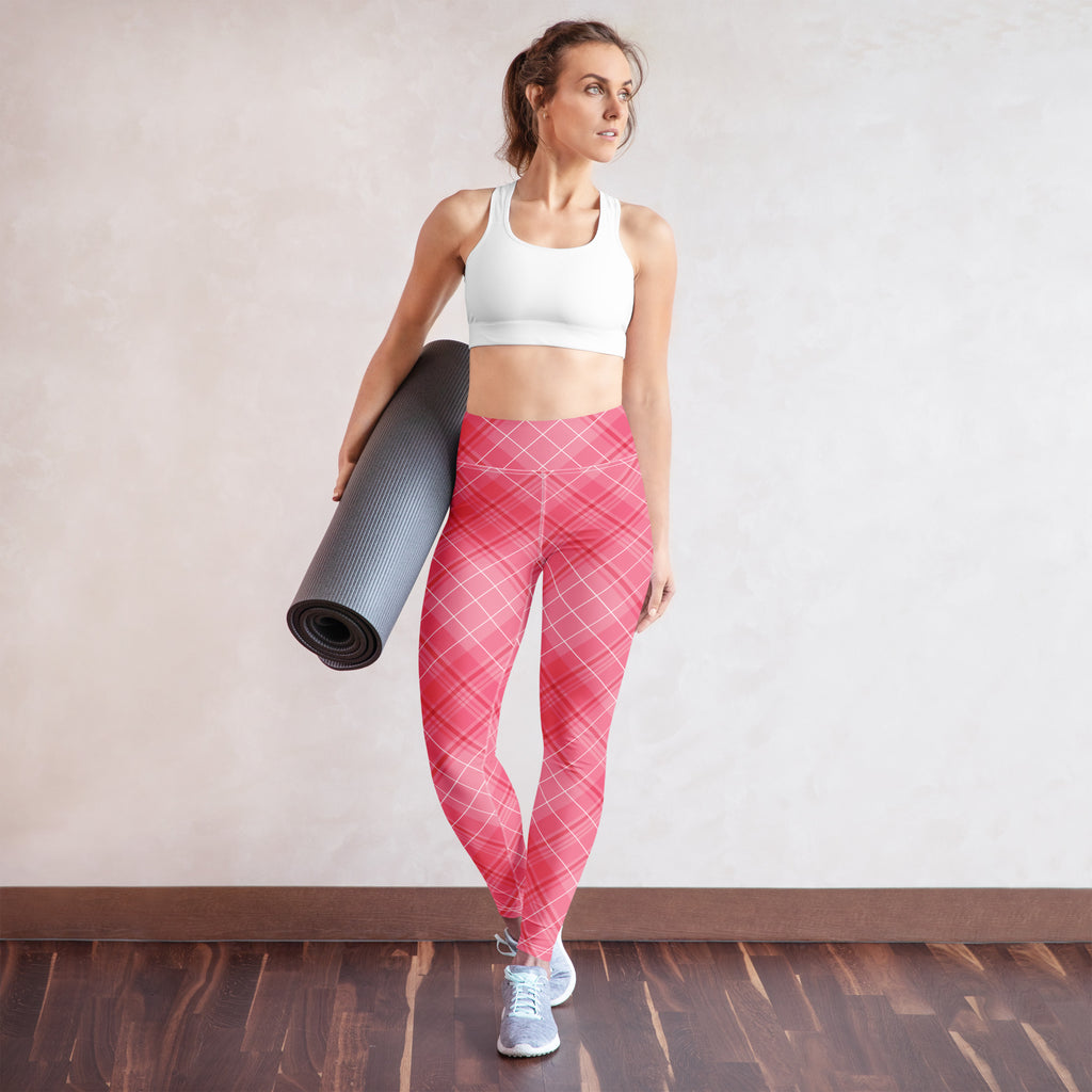 Women’s pink plaid buttery soft high waisted yoga leggings in quick drying fabric shown from the back side