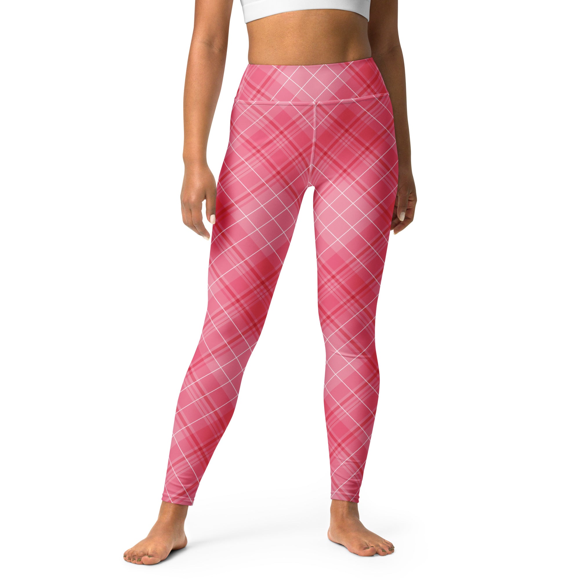 Women’s pink plaid buttery soft high waisted yoga leggings with white lines and quick drying comfort