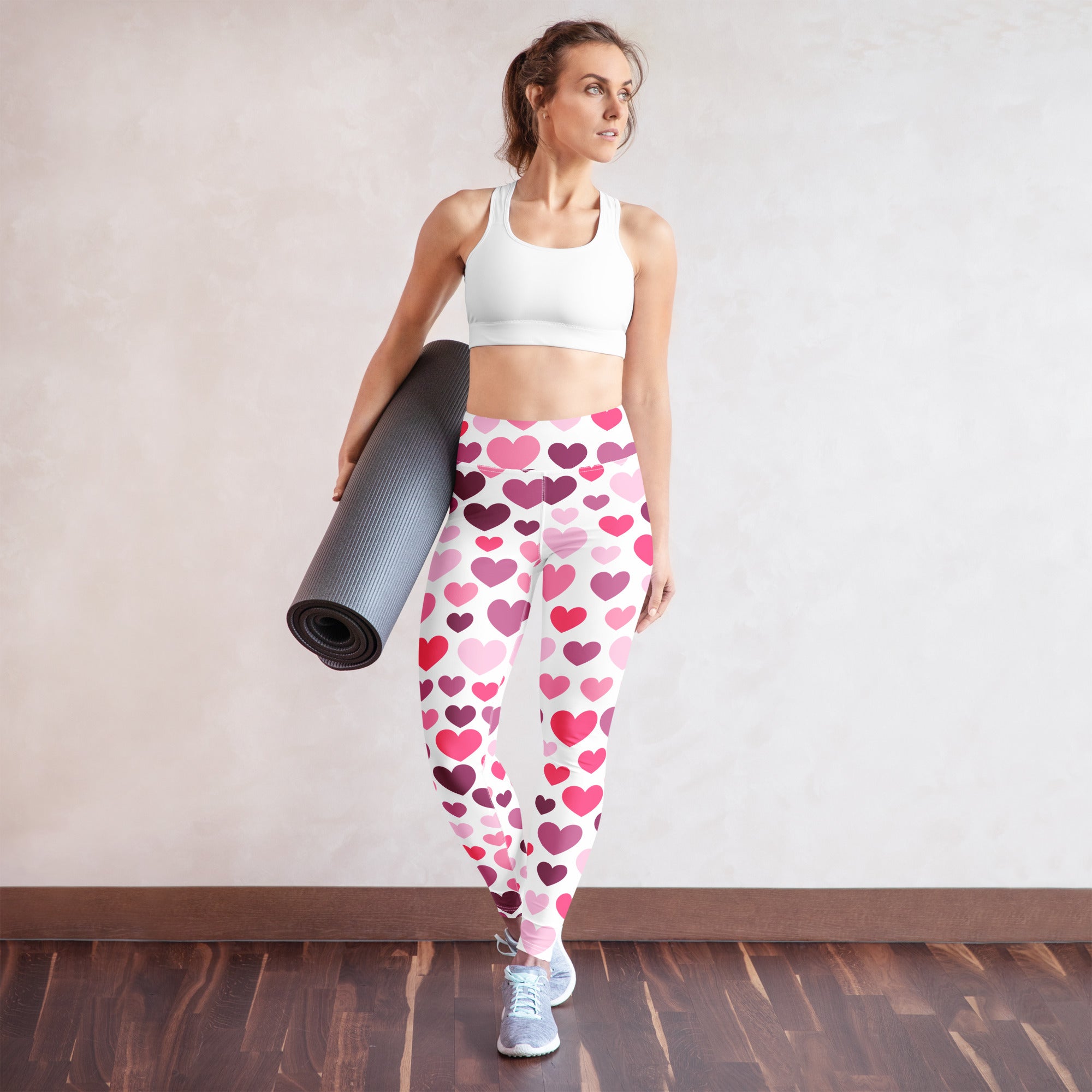 Women’s pink and white heart patterned buttery soft high waisted yoga leggings for quick drying comfort