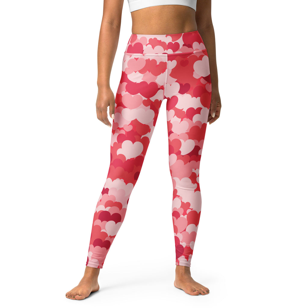 Women’s pink and red heart patterned high waisted buttery soft yoga leggings with quick drying fabric