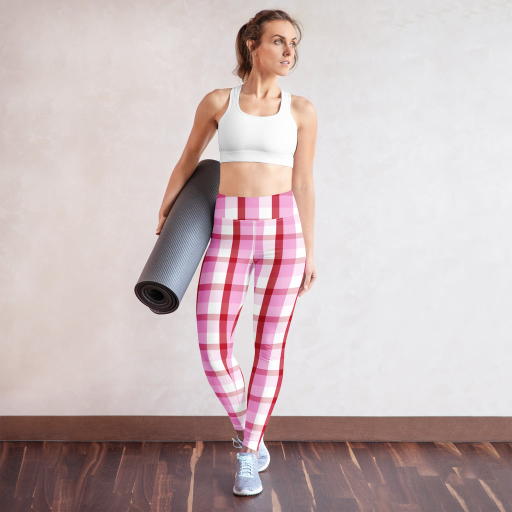 Women’s pink and white plaid high waisted buttery soft yoga leggings with quick drying comfort fabric