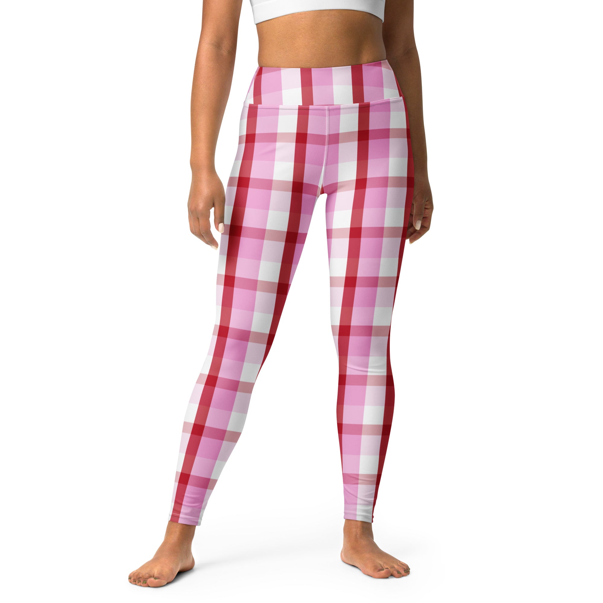 Women’s pink and white plaid high waisted buttery soft yoga leggings with quick drying fabric for comfortable wear