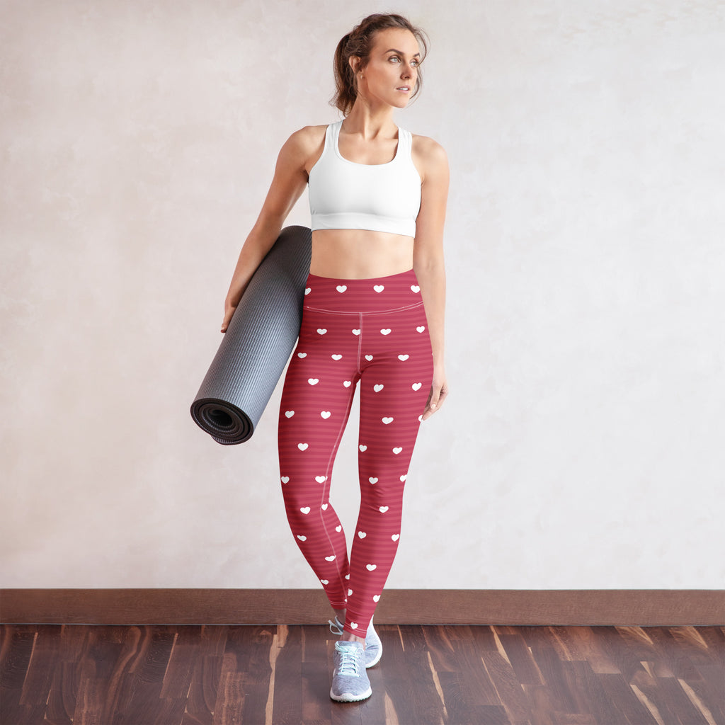Women’s high waisted red heart patterned buttery soft yoga leggings with quick drying fabric for comfort