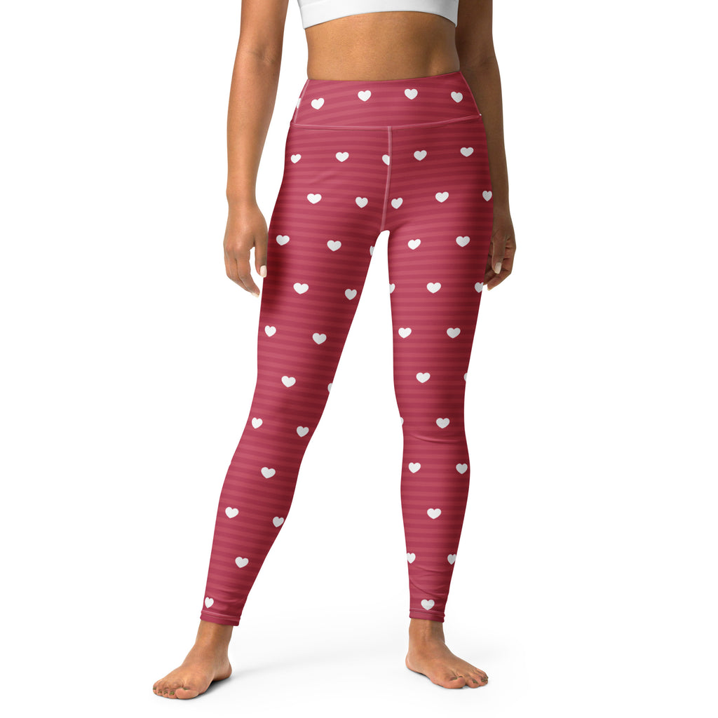 Women’s maroon high waisted heart pattern buttery soft yoga leggings with subtle stripes quick drying comfort