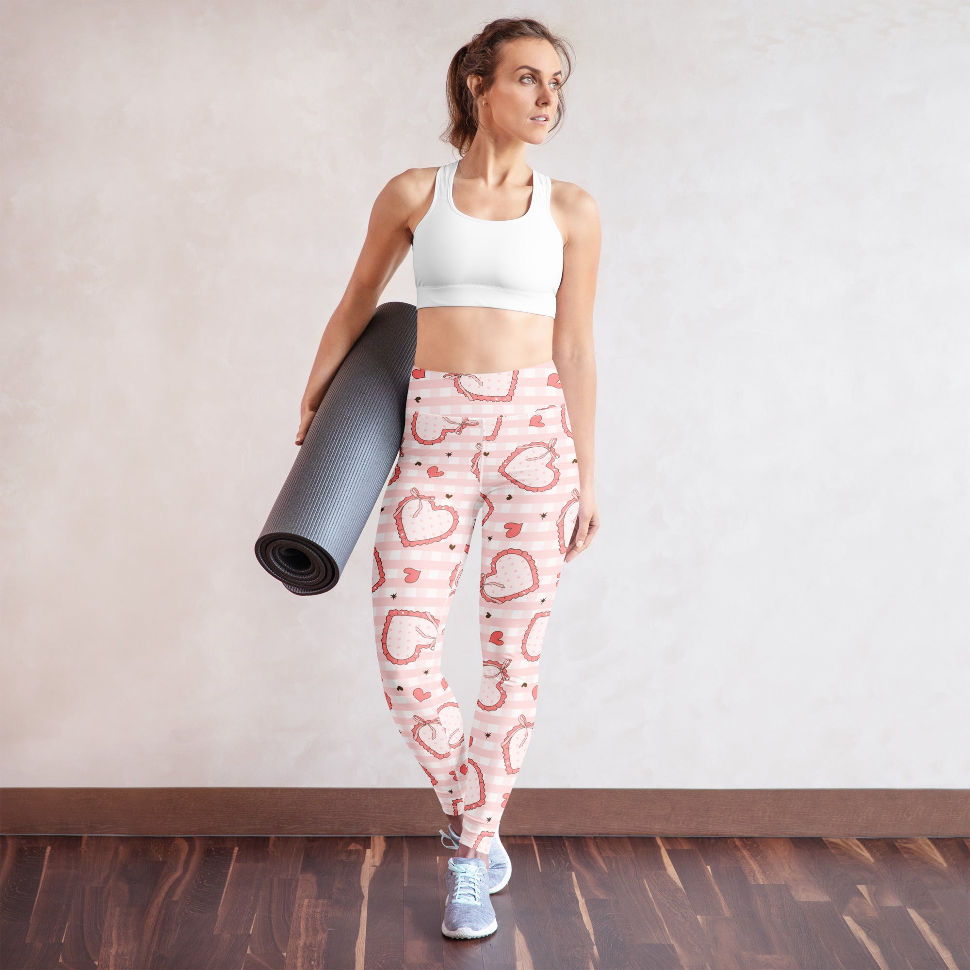 Women’s high waisted pink and white striped buttery soft yoga leggings with red heart patterns and quick drying fabric