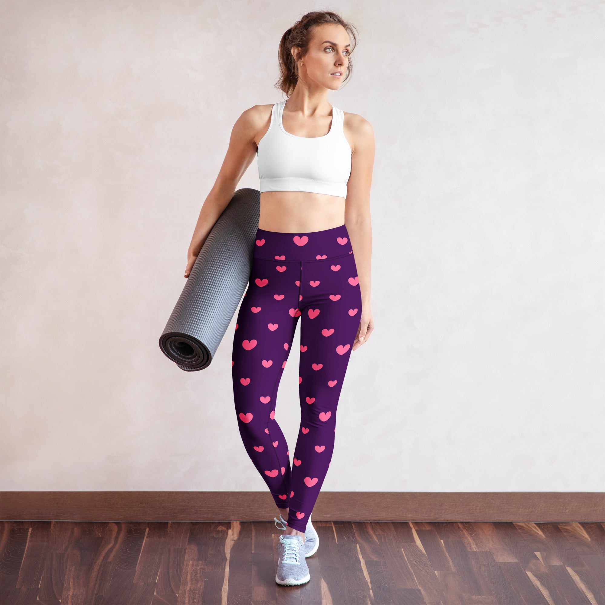 Women’s purple high waisted buttery soft yoga leggings with pink heart patterns quick drying comfort