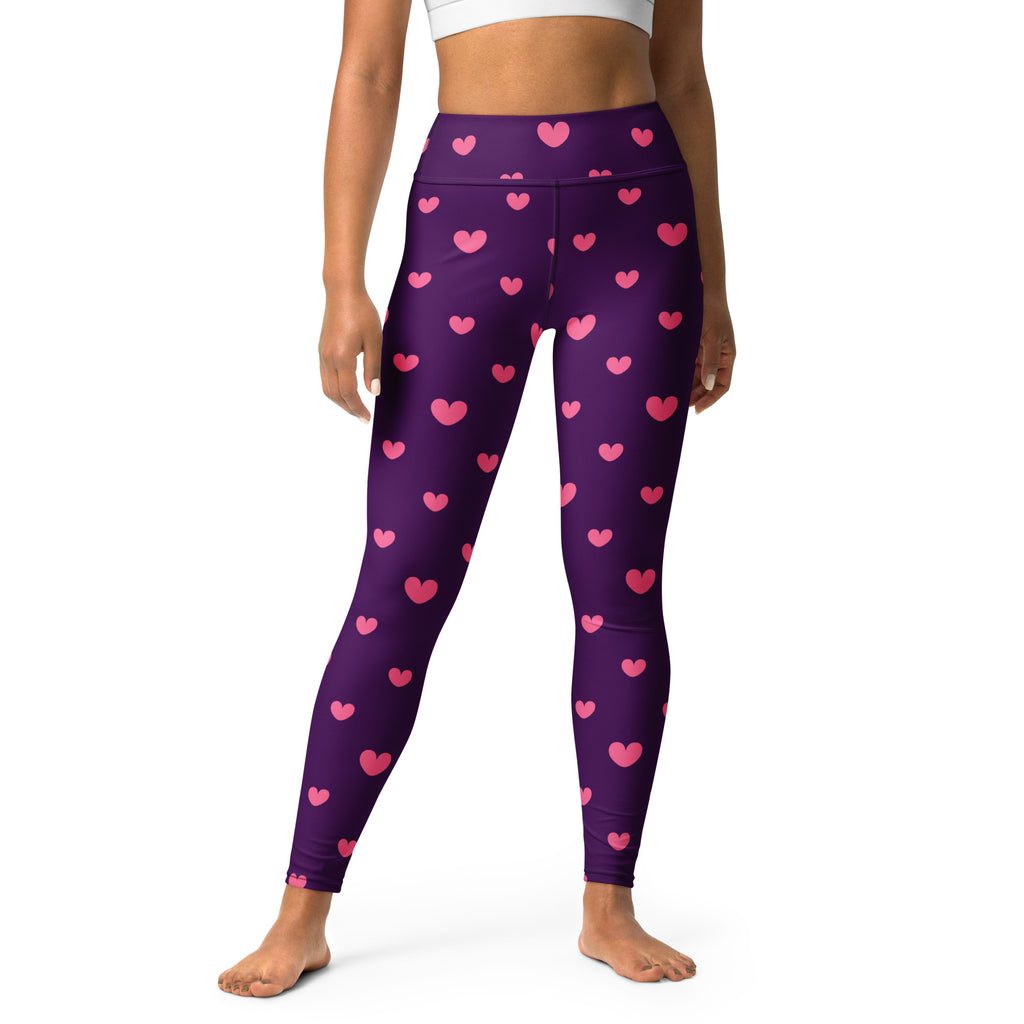 Women’s purple high waisted buttery soft yoga leggings with pink heart pattern quick drying comfort