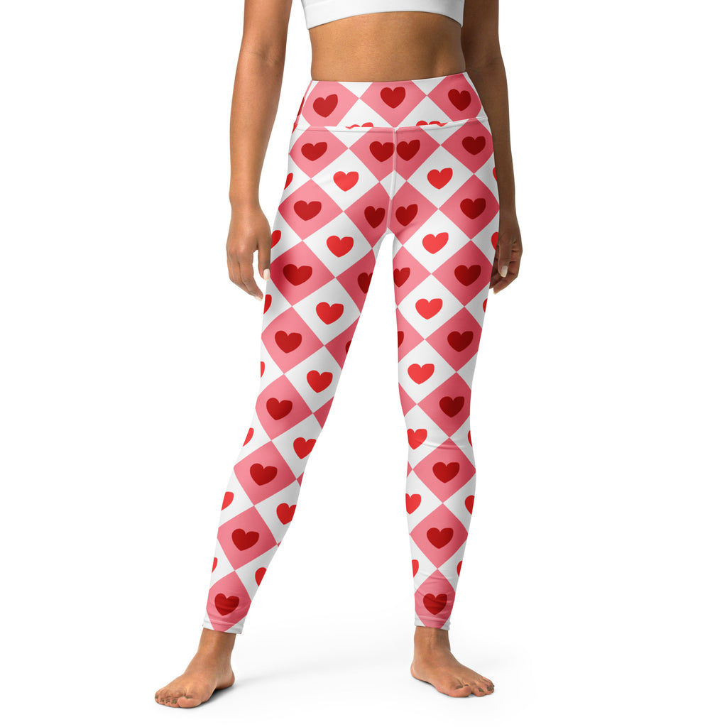 Women’s pink and white argyle heart patterned high waisted buttery soft yoga leggings quick drying stretchy fabric