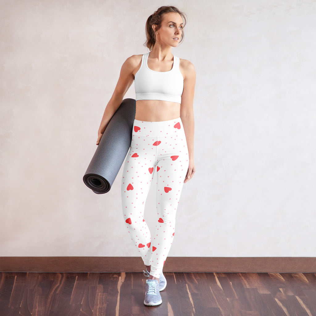 Women’s white buttery soft leggings with red heart patterns and polka dots high waisted quick drying yoga pants