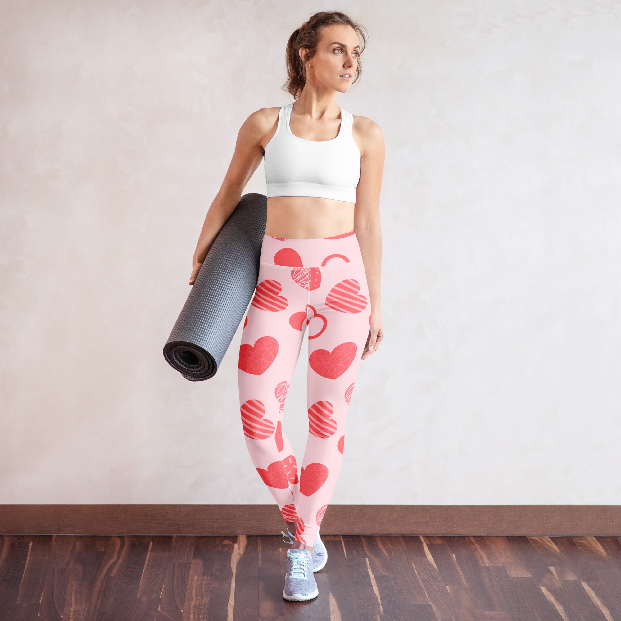 Women’s pink buttery soft yoga leggings with red heart pattern quick drying high waisted comfort