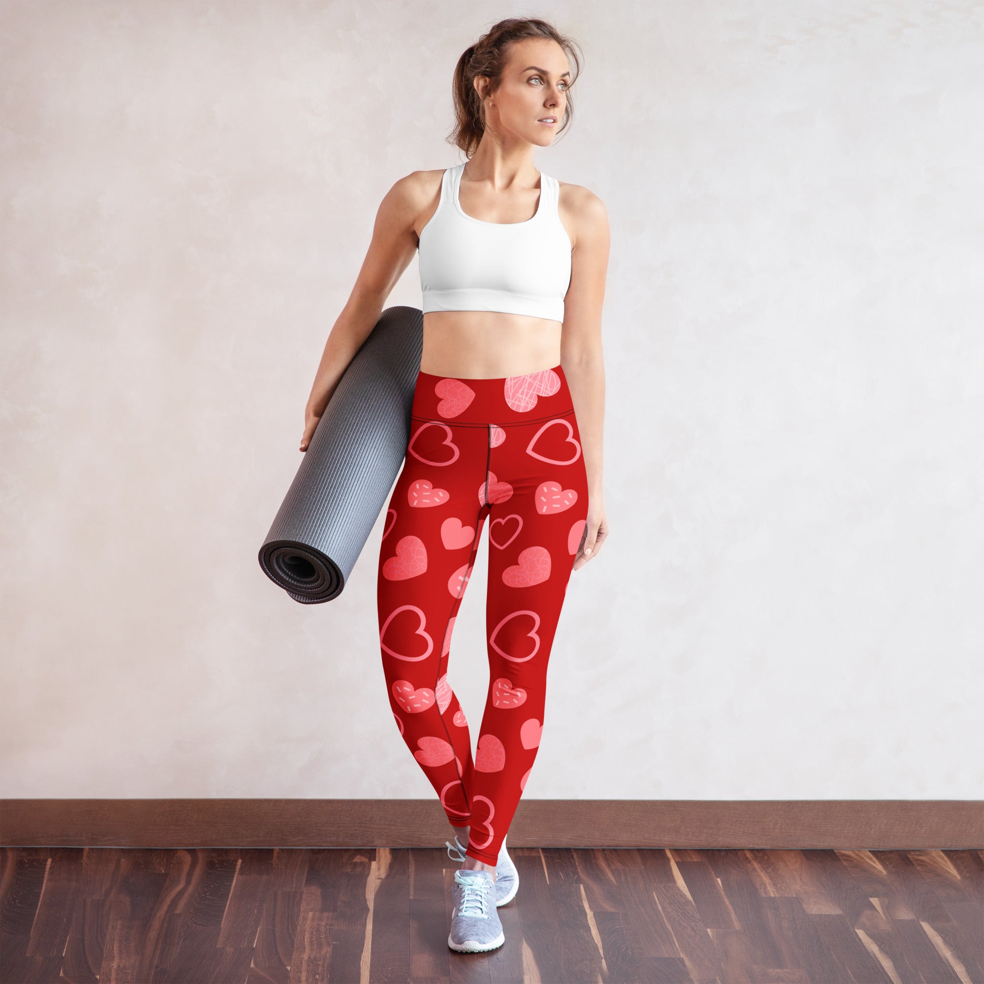 Women’s red heart pattern buttery soft high waisted yoga leggings made of quick drying stretchy fabric