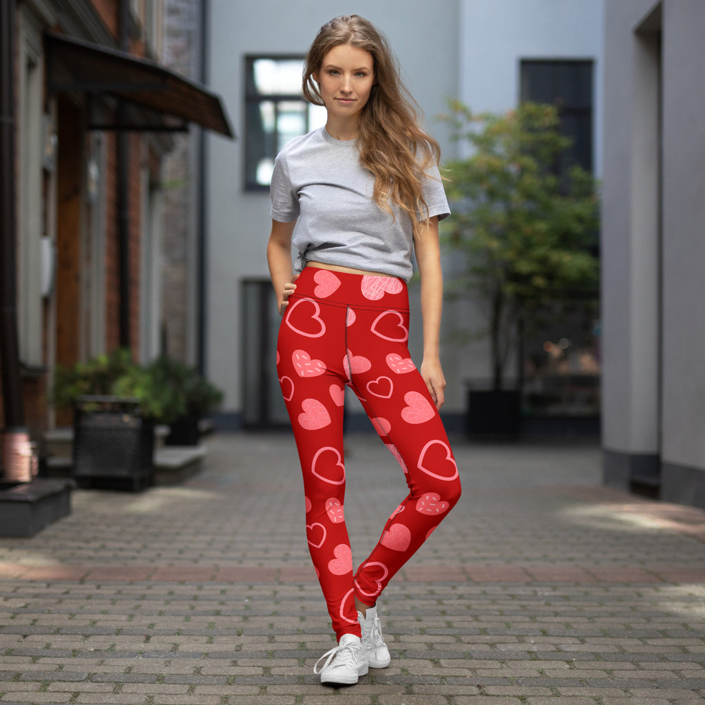 Women’s red heart pattern buttery soft yoga leggings with vibrant red base and scattered pink hearts for quick drying comfort