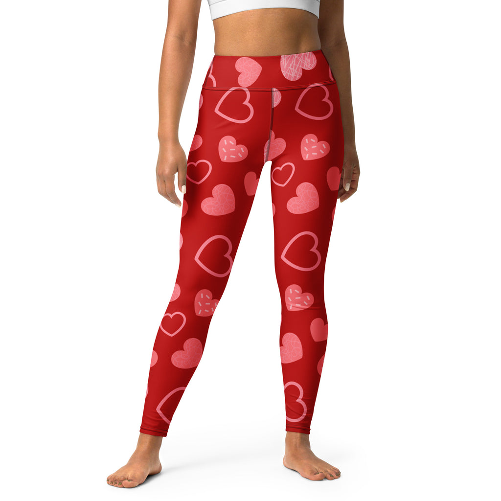 Women’s red heart pattern buttery soft high waisted yoga leggings with pink and light red hearts quick drying