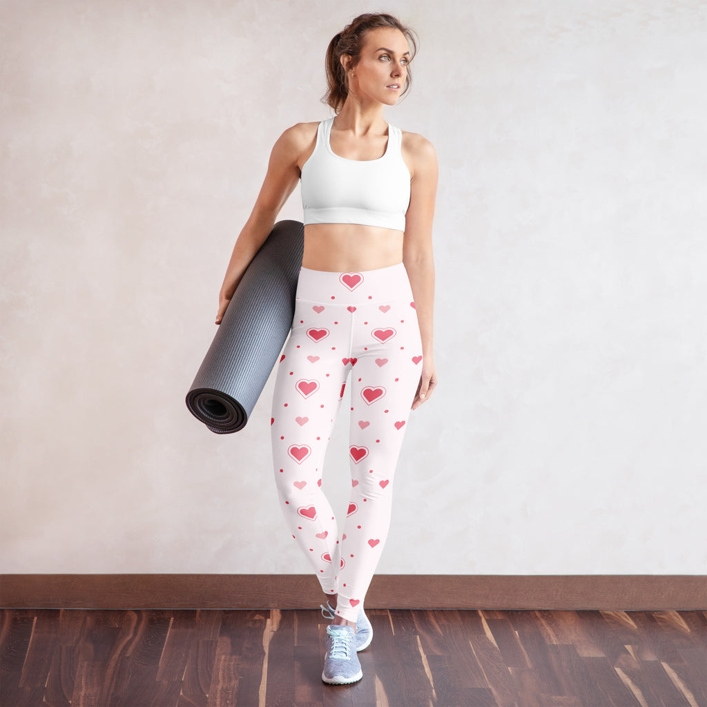 White leggings with pink heart and dot pattern soft buttery fabric high waisted for quick drying comfort
