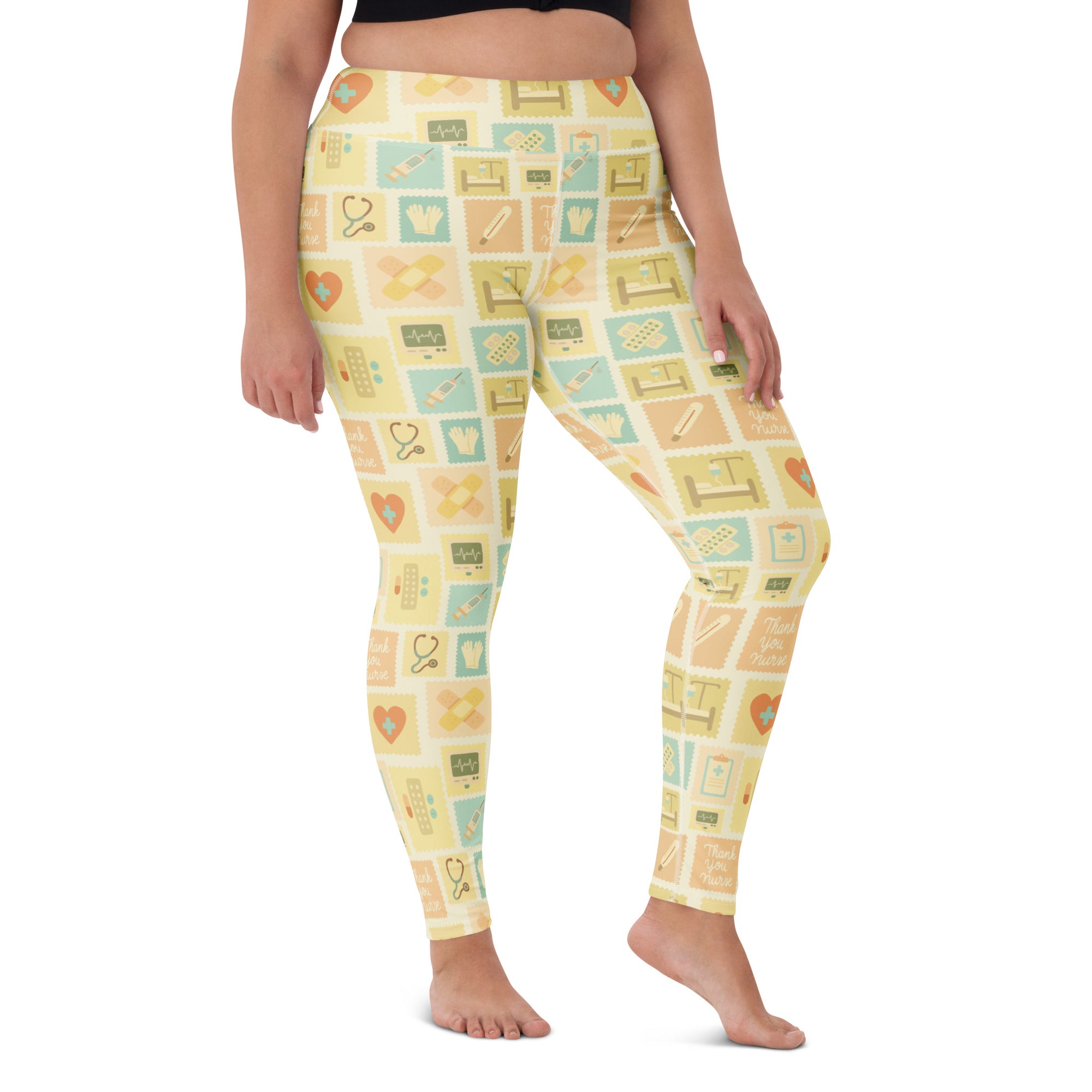 Women’s beige nurse icon buttery soft yoga leggings with quick drying fabric and medical-themed pastel patterns