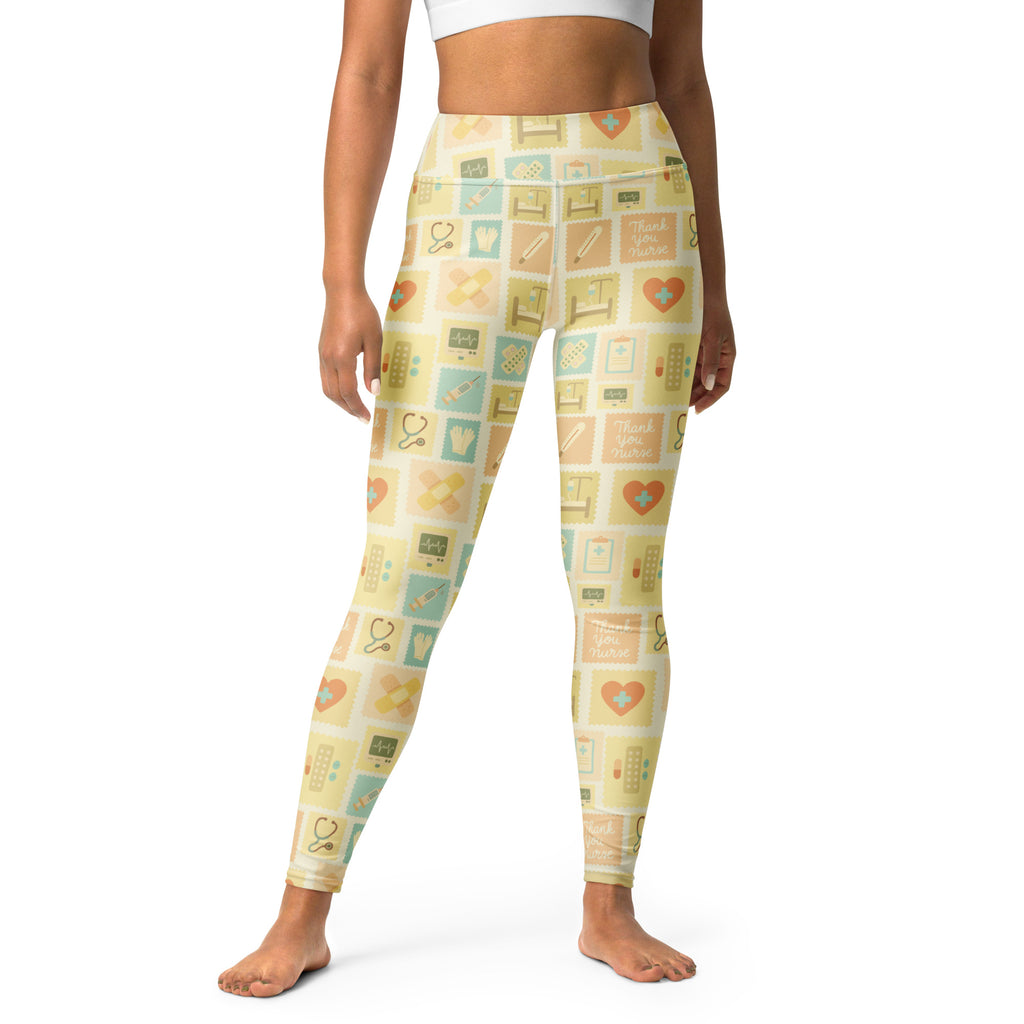 Women’s beige nurse icon buttery soft yoga leggings with quick drying fabric and playful medical pattern