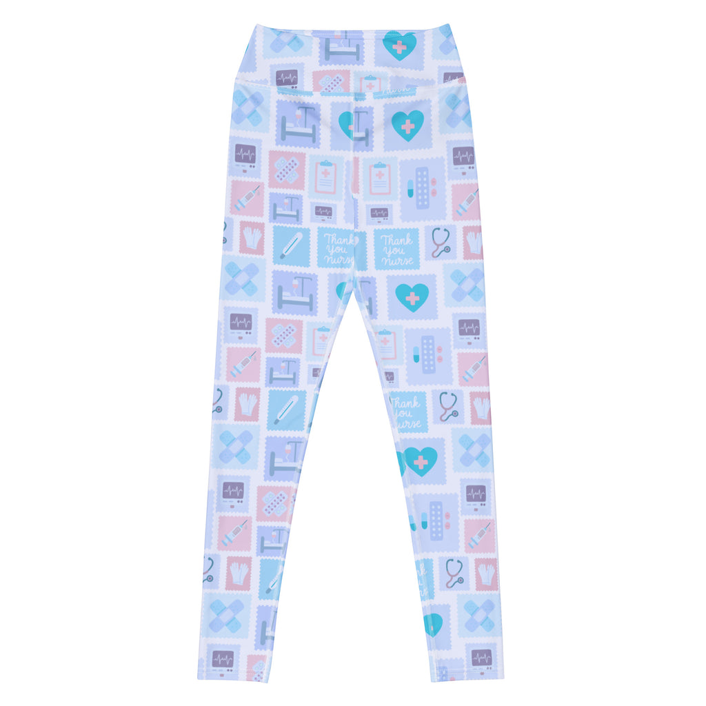 Women’s blue nurse icon buttery soft yoga leggings with light blue and pink medical-themed patterns for quick drying comfort