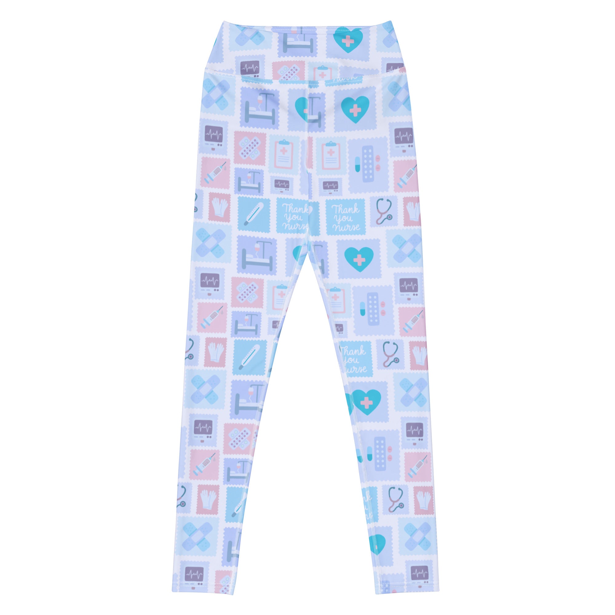 Women’s blue nurse icon buttery soft yoga leggings with light blue and pink medical-themed patterns for quick drying comfort