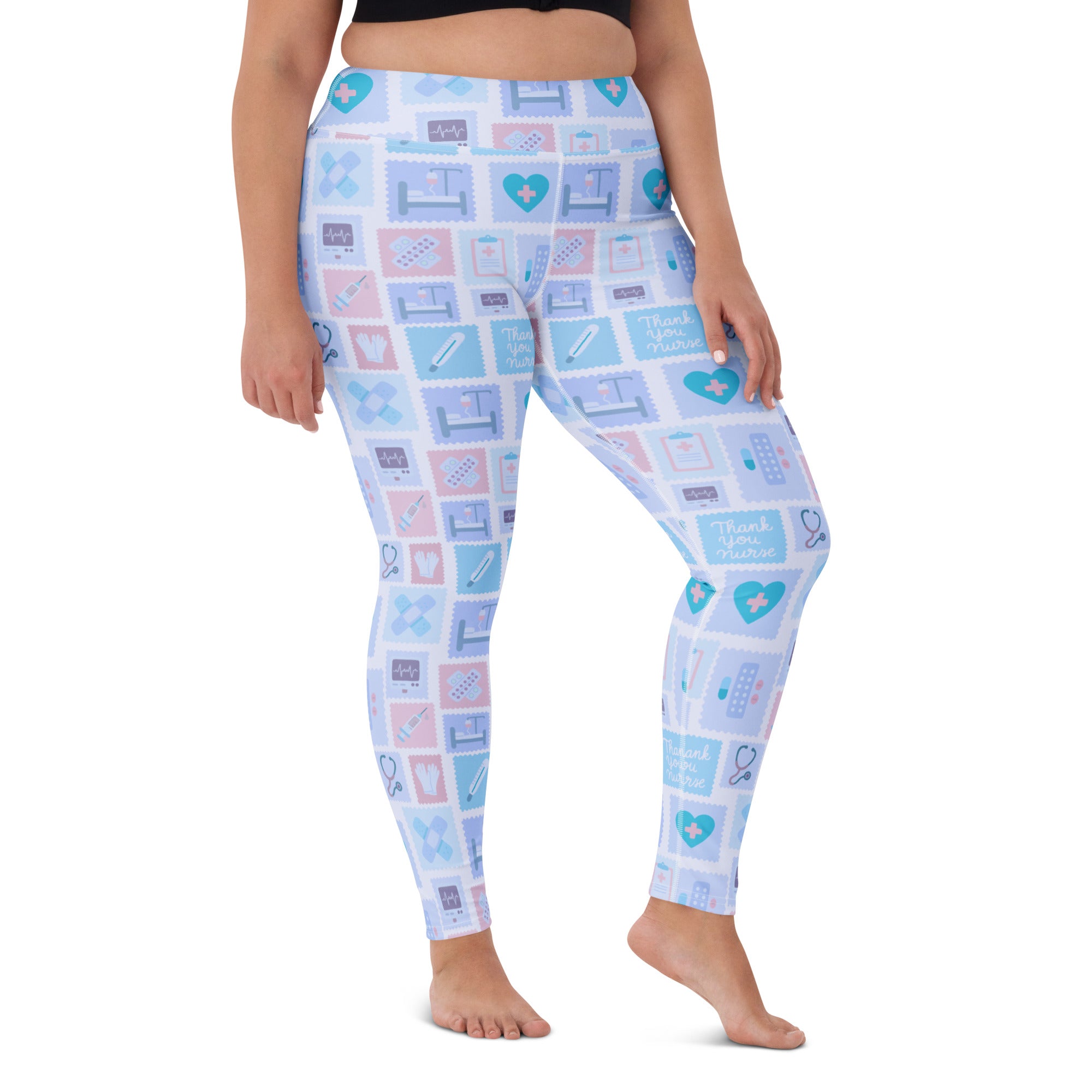 Women’s blue nurse icon buttery soft yoga leggings in light blue and pink with medical stethoscope and heart patterns