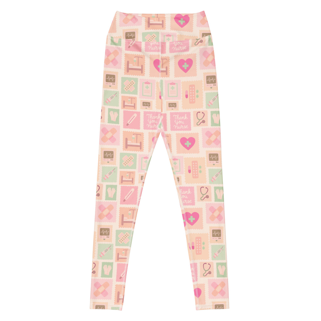 Women’s pink nurse icon buttery soft yoga leggings in pastel pink and mint green with medical-themed pattern and thank you text