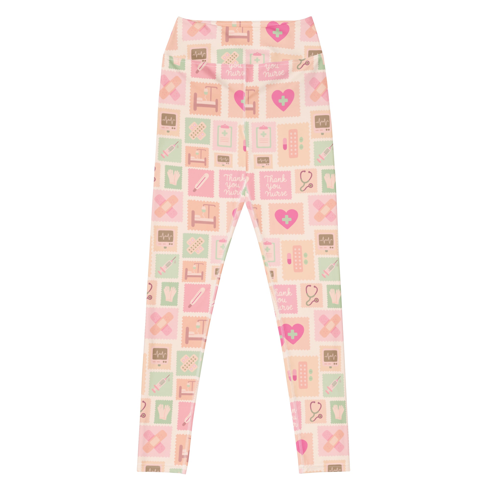 Women’s pink nurse icon buttery soft yoga leggings in pastel pink and mint green with medical-themed pattern and thank you text