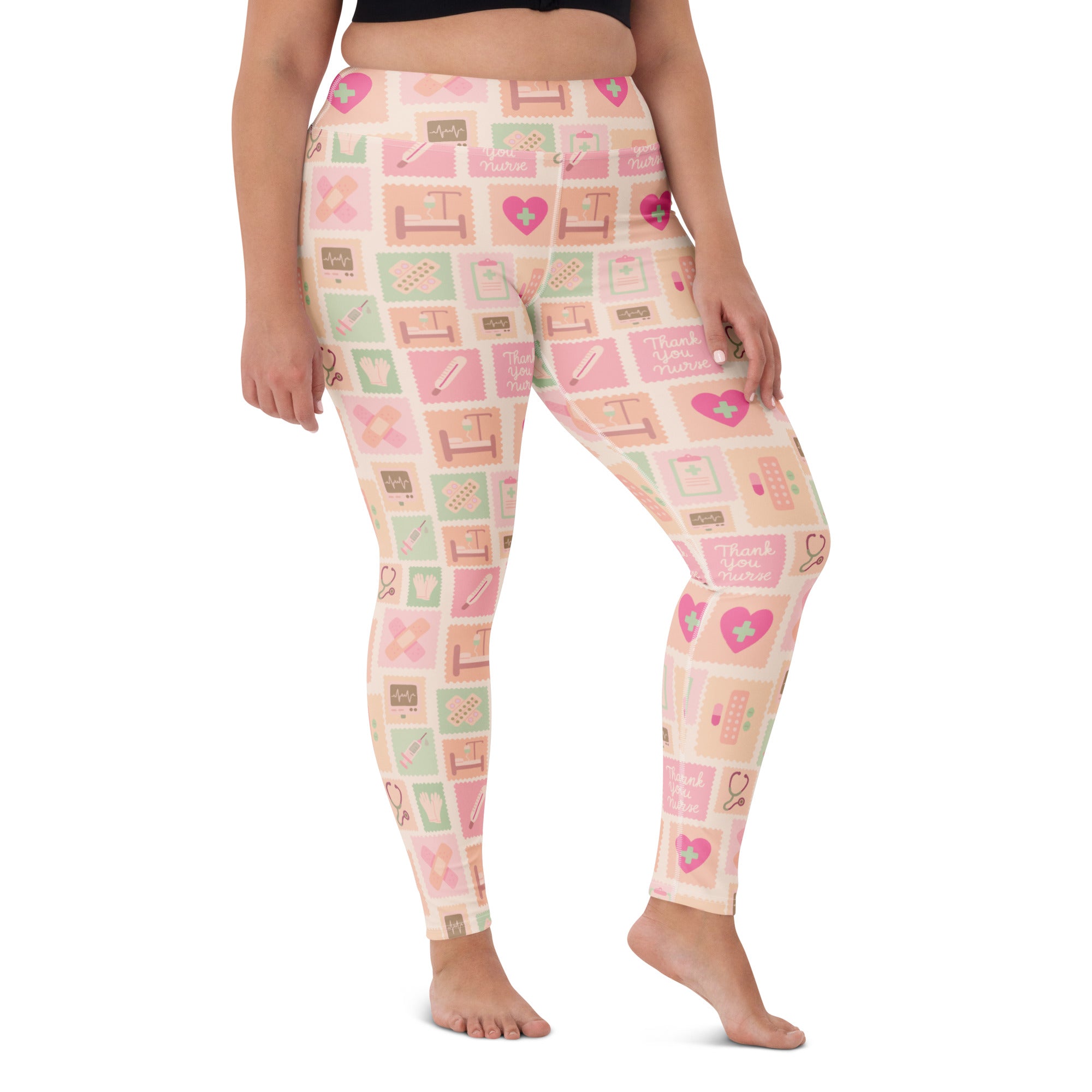 Women’s pink nurse icon buttery soft yoga leggings with mint green medical pattern and high waisted quick drying comfort