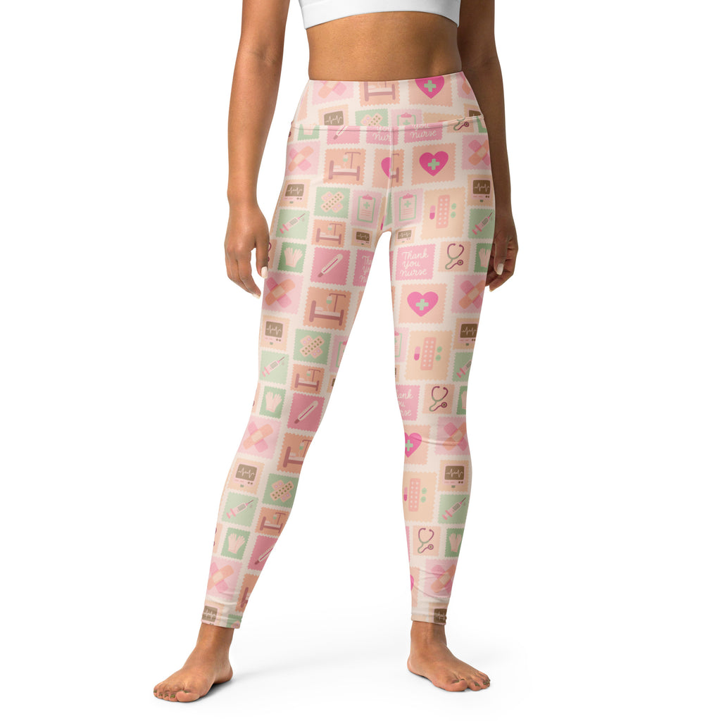 Women’s pastel pink and mint green nurse icon buttery soft high waisted yoga leggings with medical heart pattern