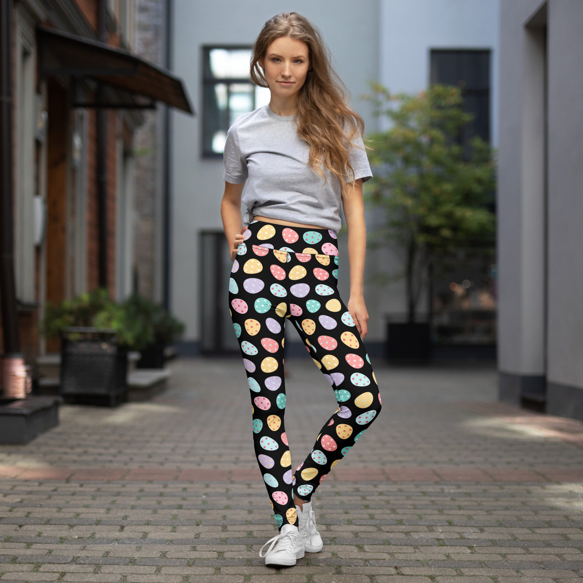 Women’s black buttery soft high waisted yoga leggings with colorful pastel easter egg patterns quick drying