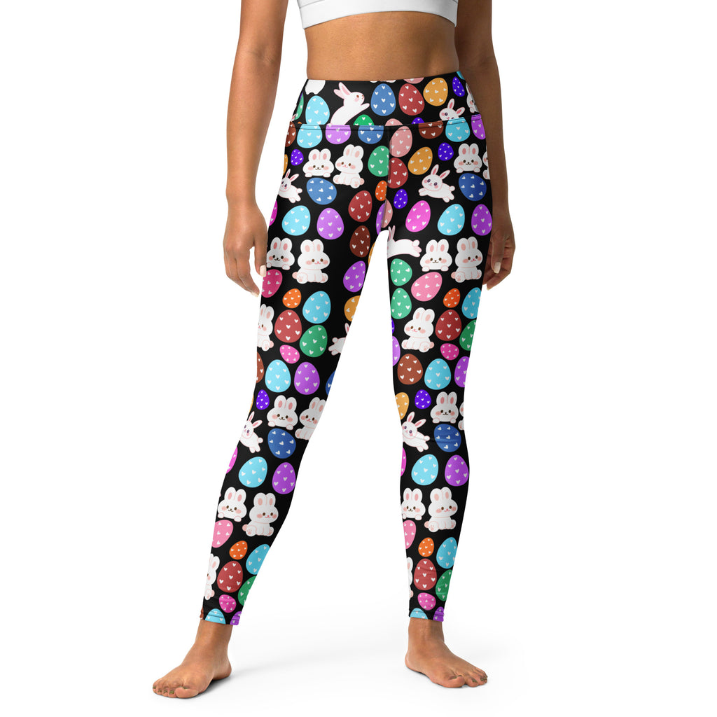 Women’s black leggings with colorful easter eggs and white bunnies buttery soft high waisted quick drying