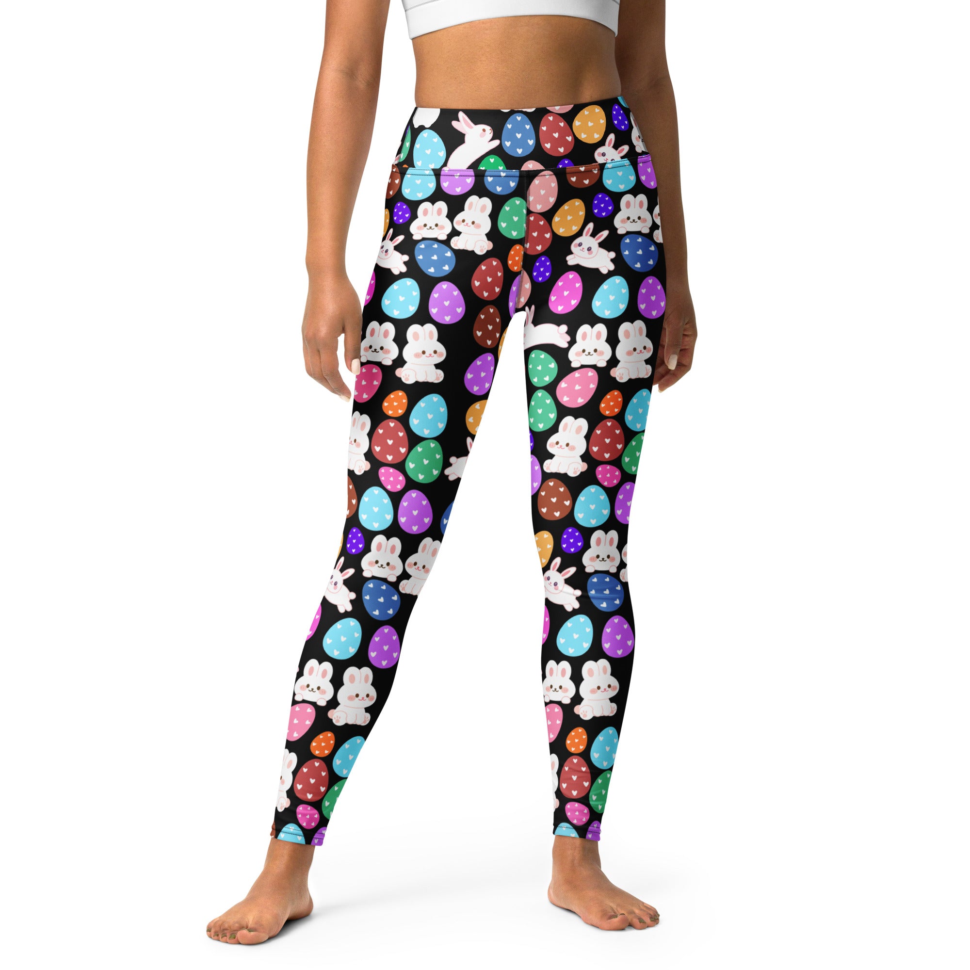 Women’s black leggings with colorful easter eggs and white bunnies buttery soft high waisted quick drying