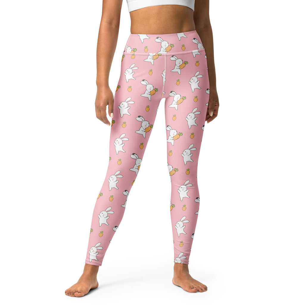 Women’s pink high waisted buttery soft yoga leggings with playful white bunny and pineapple pattern for easter