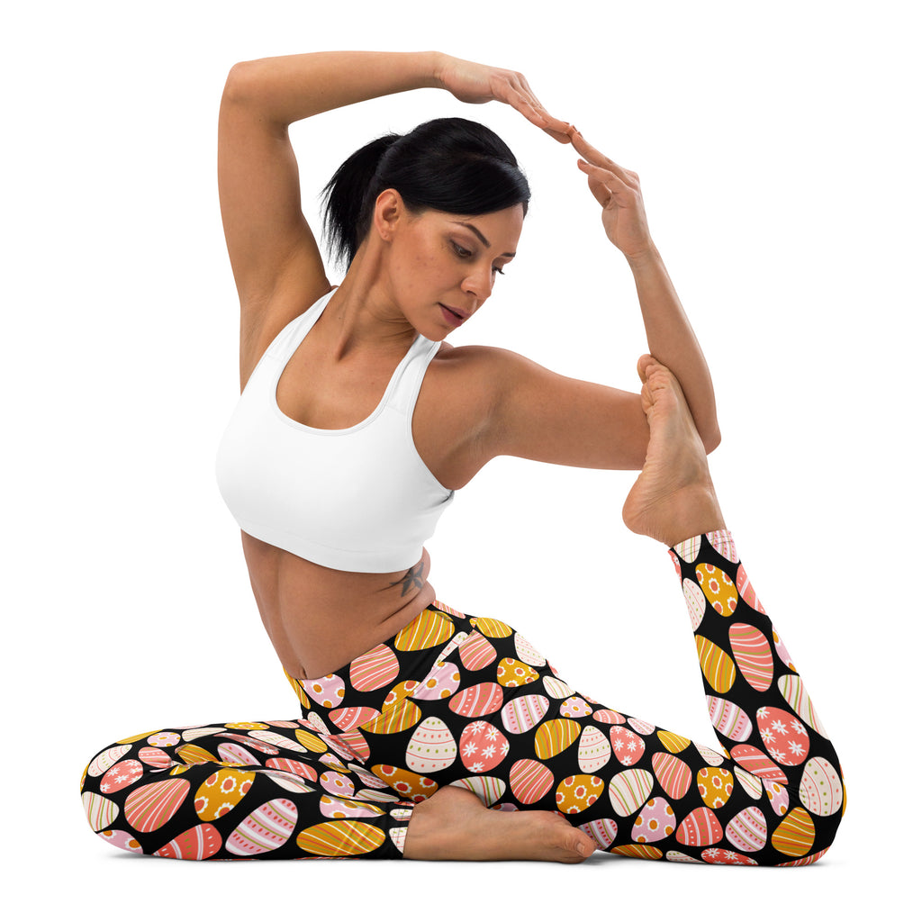 Women coral easter egg buttery soft black leggings with pastel pink yellow and orange egg pattern quick drying high waisted