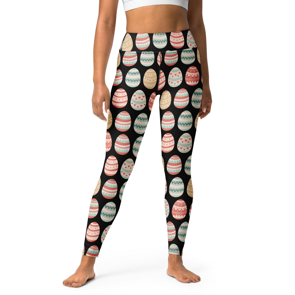 Black high waisted buttery soft yoga leggings with pastel easter egg pattern featuring stripes polka dots and hearts