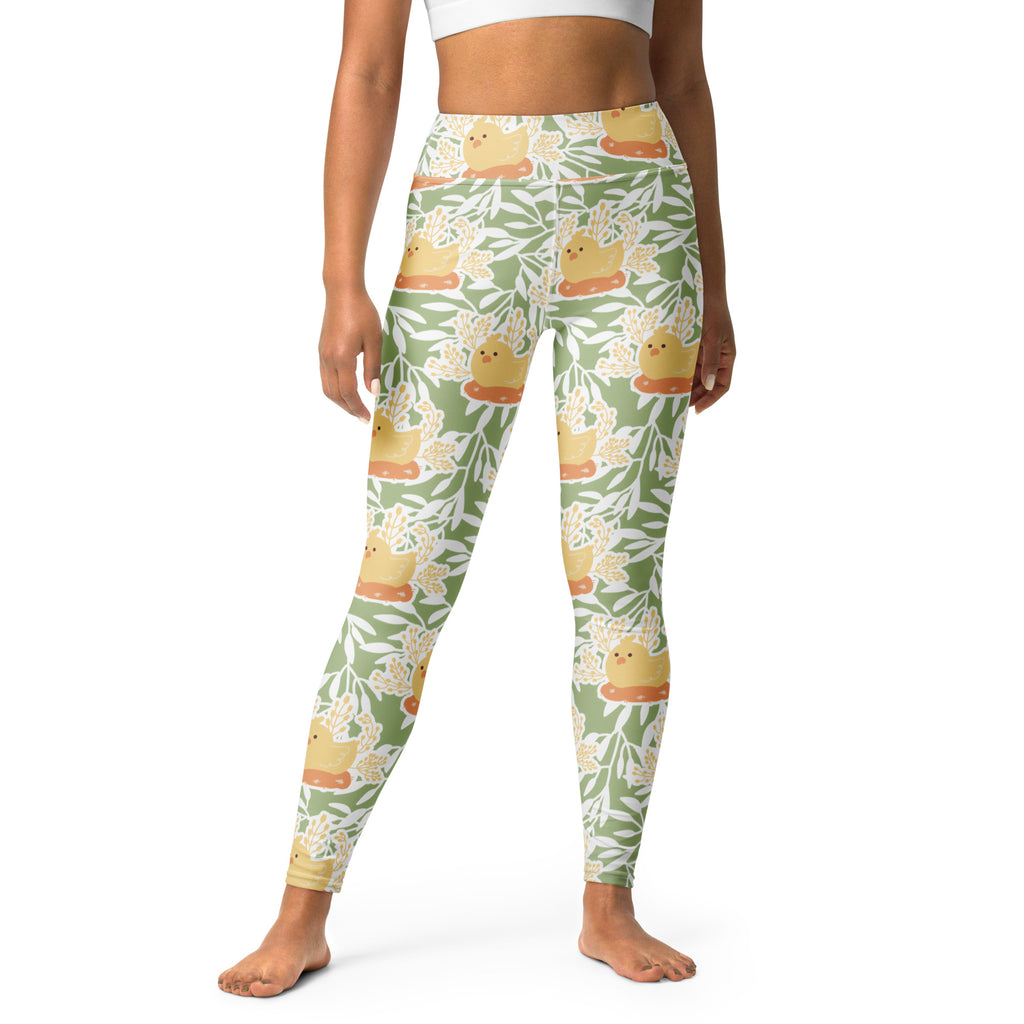 Women’s spring chick buttery soft green yoga leggings with yellow chicks and white foliage quick drying high waisted