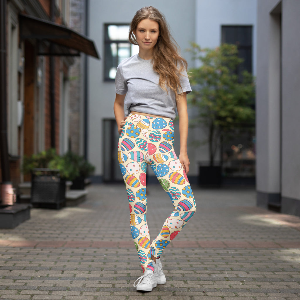Women’s colorful easter egg print buttery soft high waisted yoga leggings with stretchy form fitting design