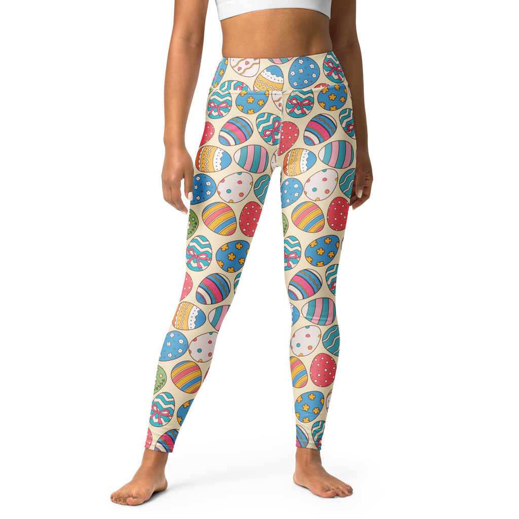 Beige buttery soft high waisted women’s leggings with vibrant colorful easter egg print for quick drying comfort