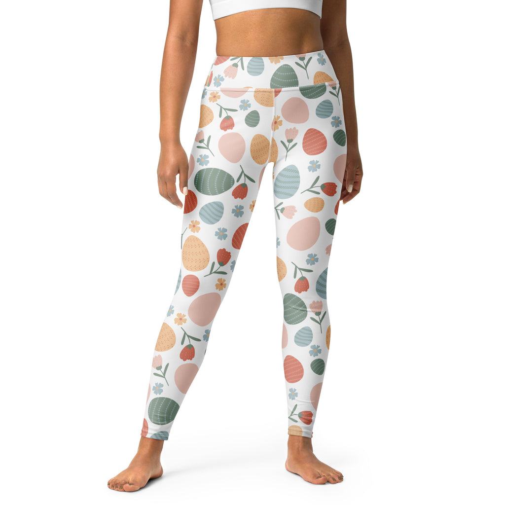 Women’s white buttery soft yoga leggings with pastel Easter eggs and floral pattern quick drying high waisted comfort