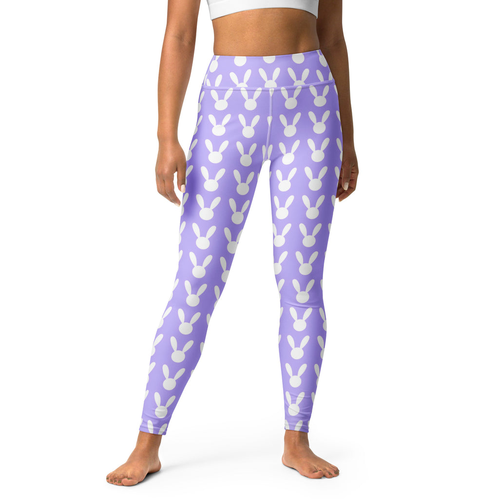 Women’s lavender bunny print buttery soft yoga leggings featuring a repeating white bunny face pattern