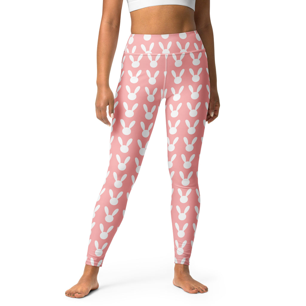 Women’s pink bunny print buttery soft high waisted yoga leggings with quick drying fabric and white bunny silhouettes