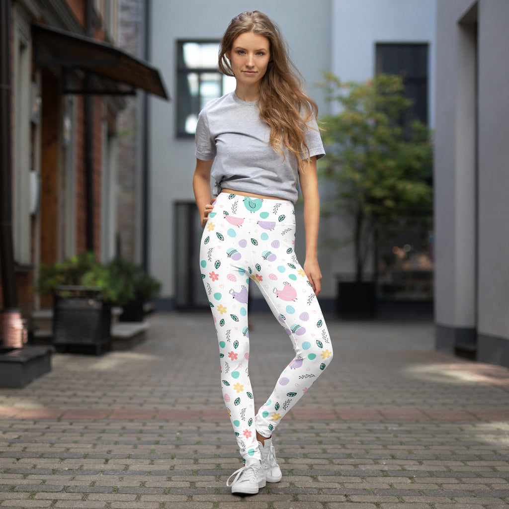White buttery soft high waisted yoga leggings with pastel pigs flowers and leaves quick drying for women