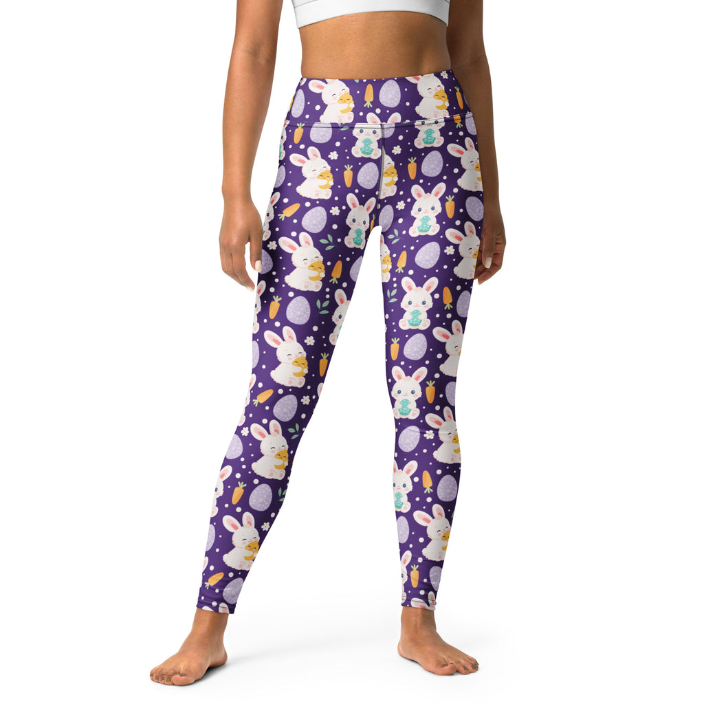 Women’s purple buttery soft high waisted yoga leggings with white bunny carrot and pastel egg pattern quick drying