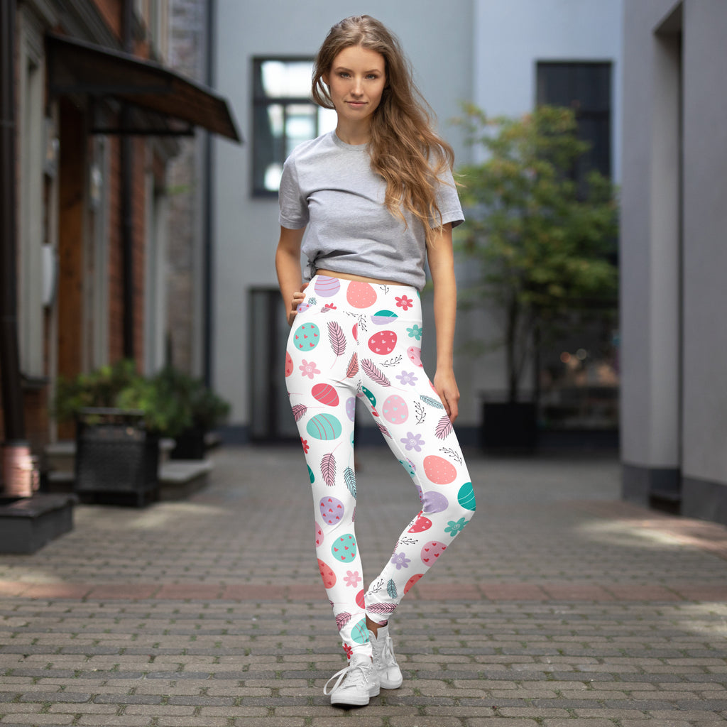 White leggings with pastel easter eggs feathers and flowers pattern buttery soft quick drying high waisted comfort