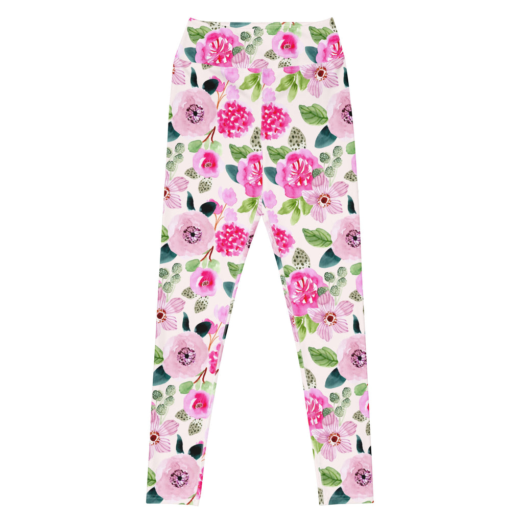 Women's Pink Watercolor Floral Buttery Soft Yoga Leggings - Quick Drying, High Waisted Comfort