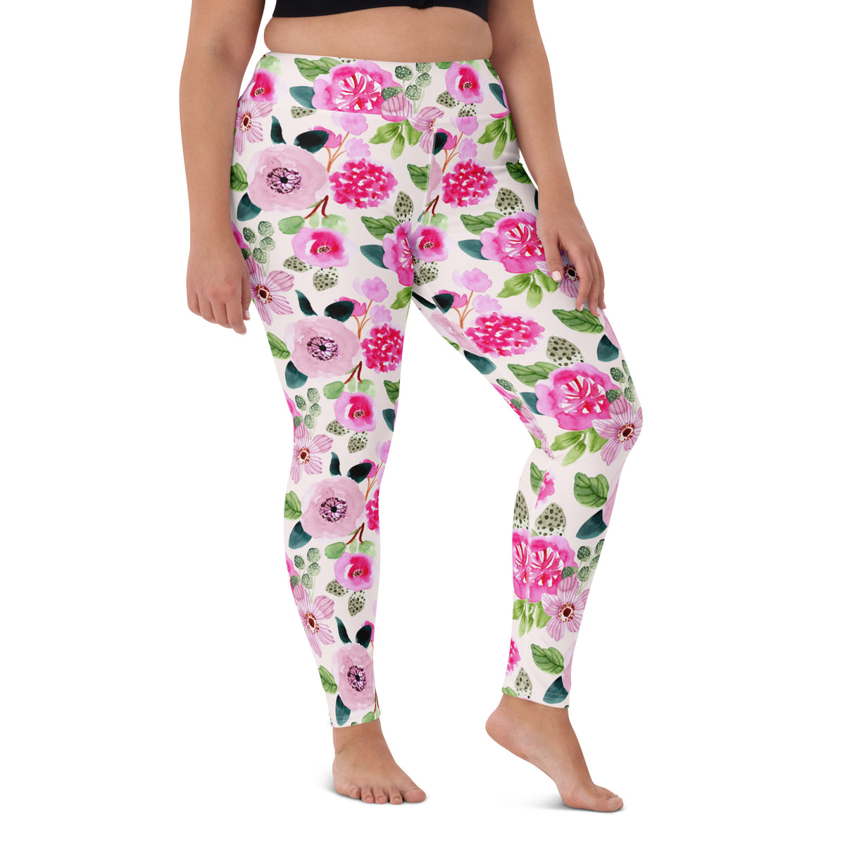 Women's Pink Watercolor Floral Buttery Soft Yoga Leggings - Quick Drying, High Waisted Comfort